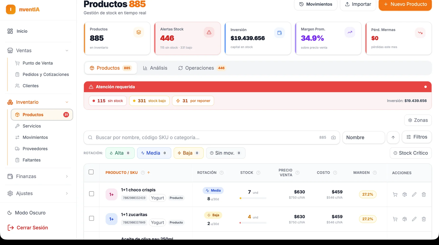Modulo de inventario de Inventia con alertas de stock, productos y margenes
